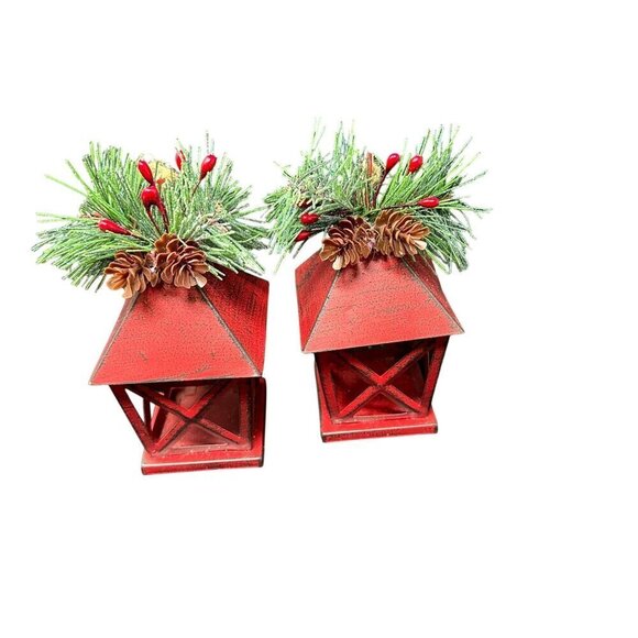 Christmas Lantern Ornament Set 5in Pinecone Berry Accents Holiday Rustic New Red - Picture 5 of 11